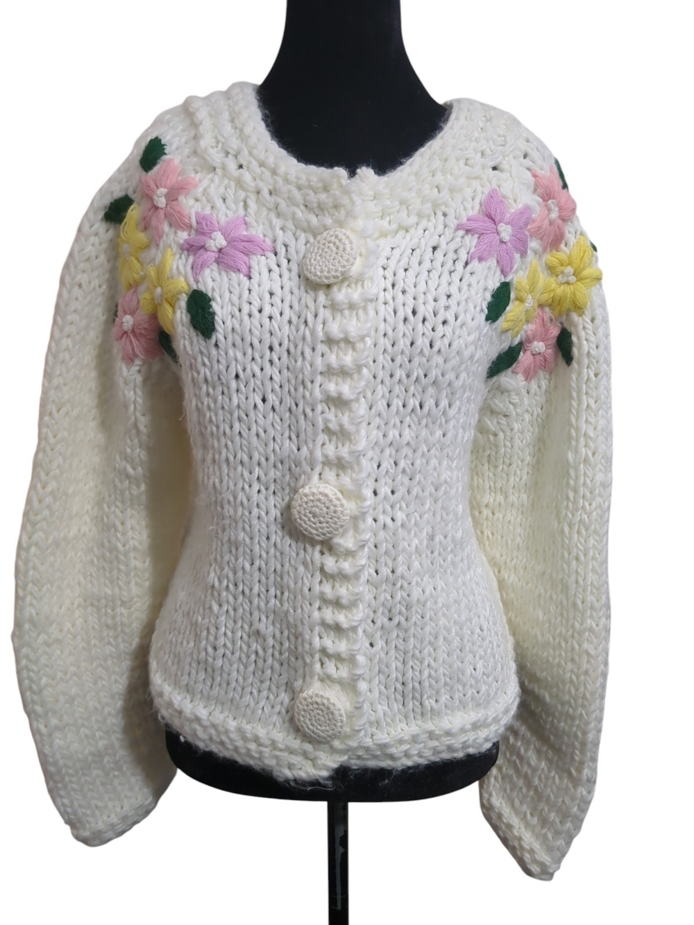 Dreamers by Debut Chunky Knit Embroidered Floral Cardigan Cream M/L Granny Fairy